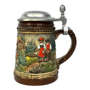 Handarbeit German 6" Vintage Beer Stein with Lid-Excellent
